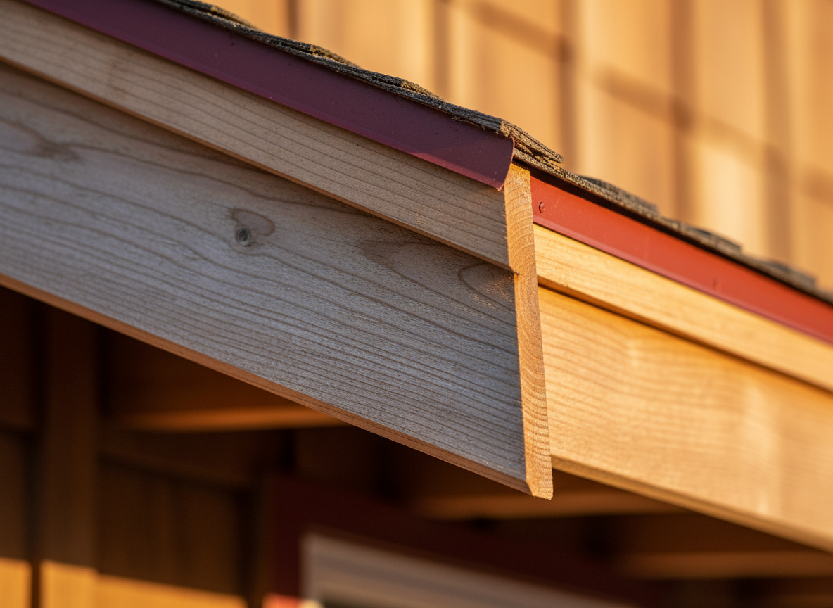 Cedar fascia and soffit detail at golden hour